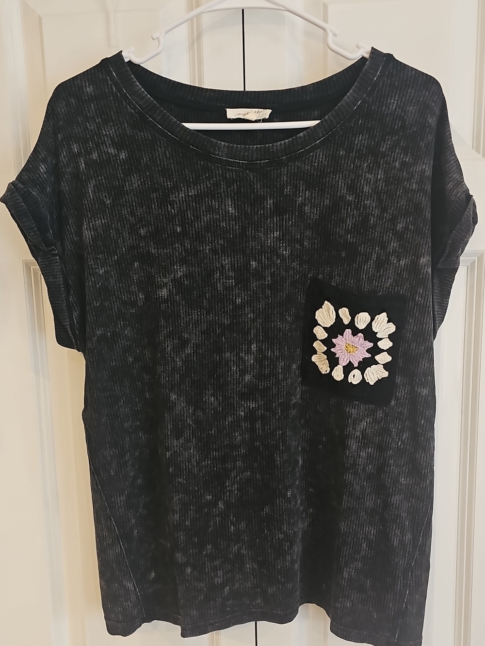 Mystree Washed Black Short Sleeve Tee with Embroidered Pocket